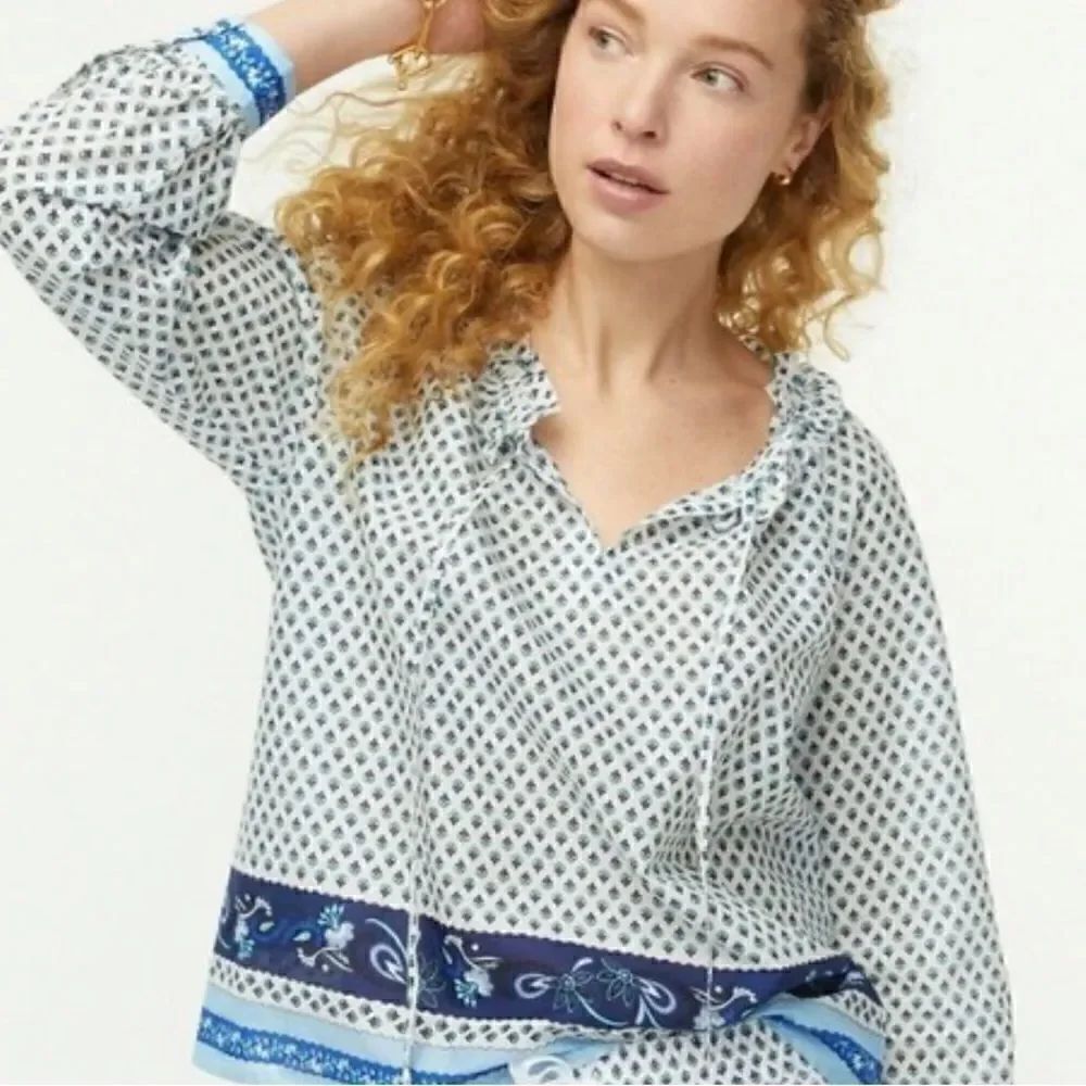 J.CREW white with blue ribbon block print tie-front ruffle top S